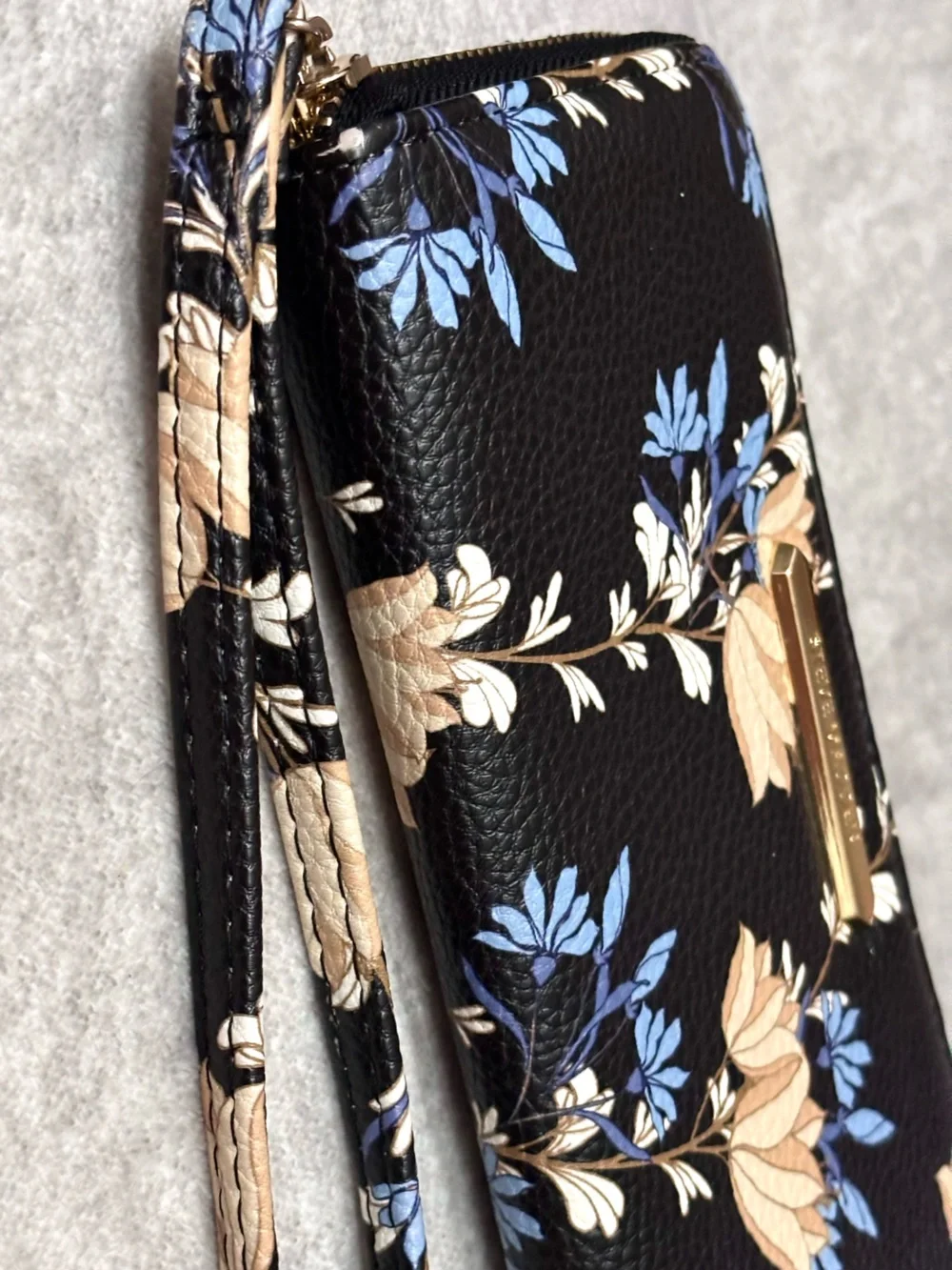 Steve Madden Black Floral Wristlet with Blue & Cream Blooms